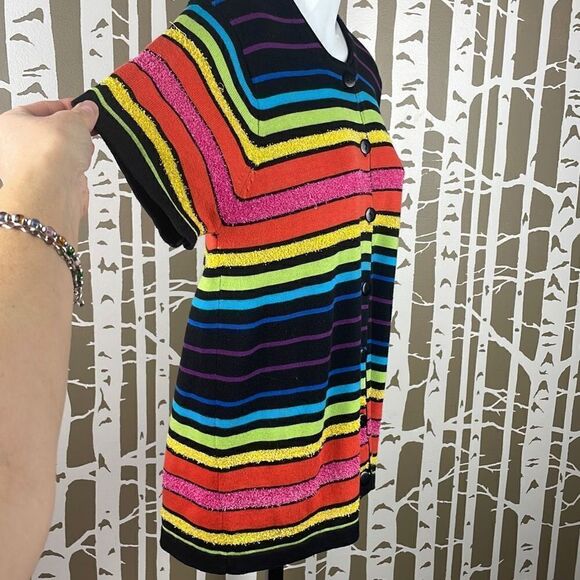 Vintage 90s Rainbow Stripe Short Sleeve Cardigan Sweater sz M - Picture 2 of 5